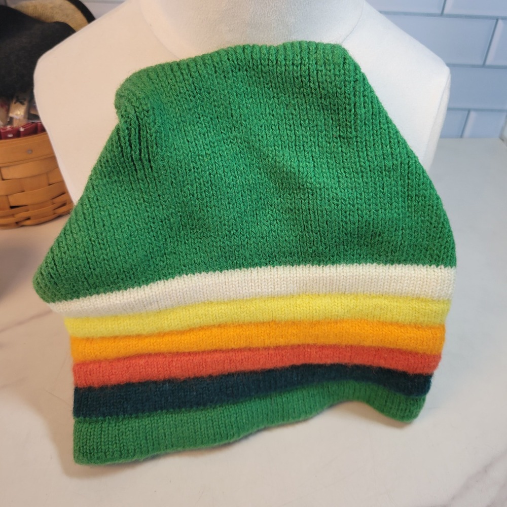 Wigwam Vintage 100% Virgin Wool Striped Knit Beanie Hat Green USA Rainbow